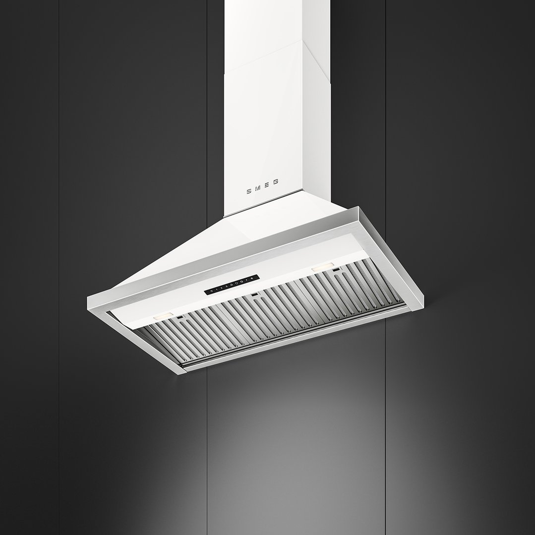A white Smeg rangehood with a stainless steel trim against a dark background