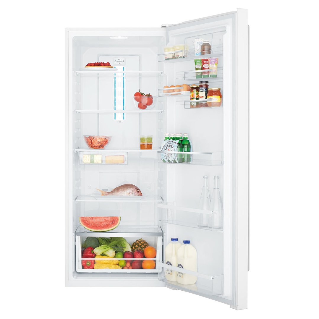 Open white single door fridge filled with food and drinks on shelves