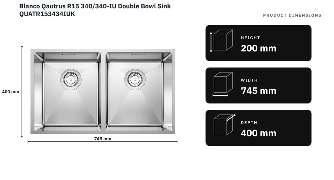 Blanco Qautrus R15 340/340-IU Double Bowl Sink QUATR153434IUK — product dimensions