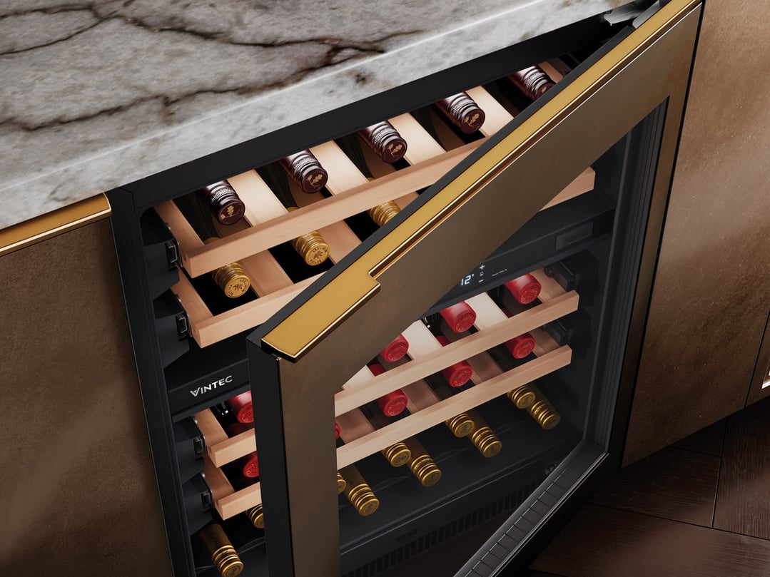 Open wine cabinet with gold trim and wooden shelves in a kitchen setting