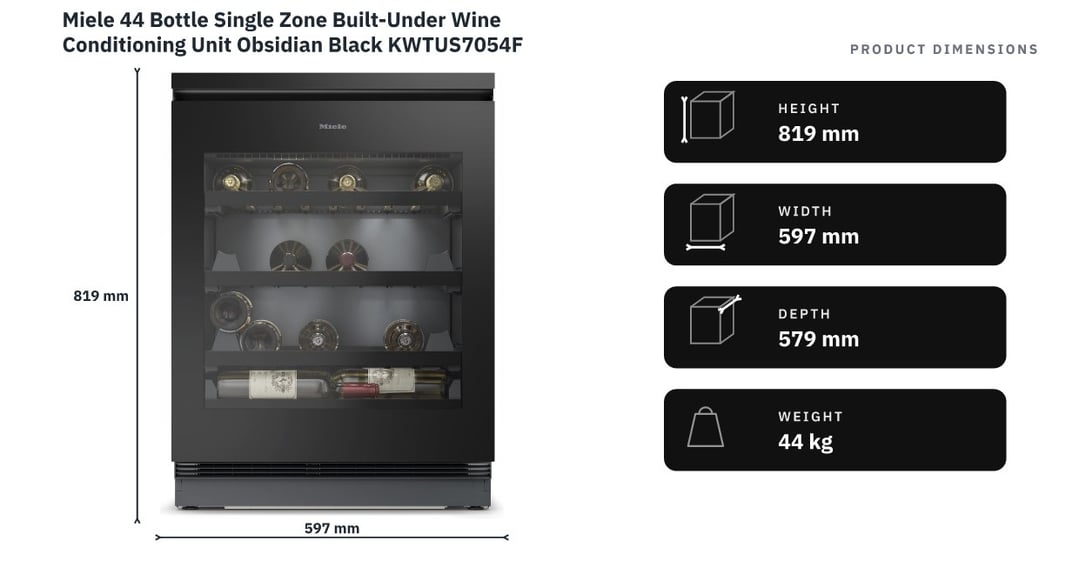 Miele 44 Bottle Single Zone Built-Under Wine Conditioning Unit Obsidian Black KWTUS7054F — product dimensions