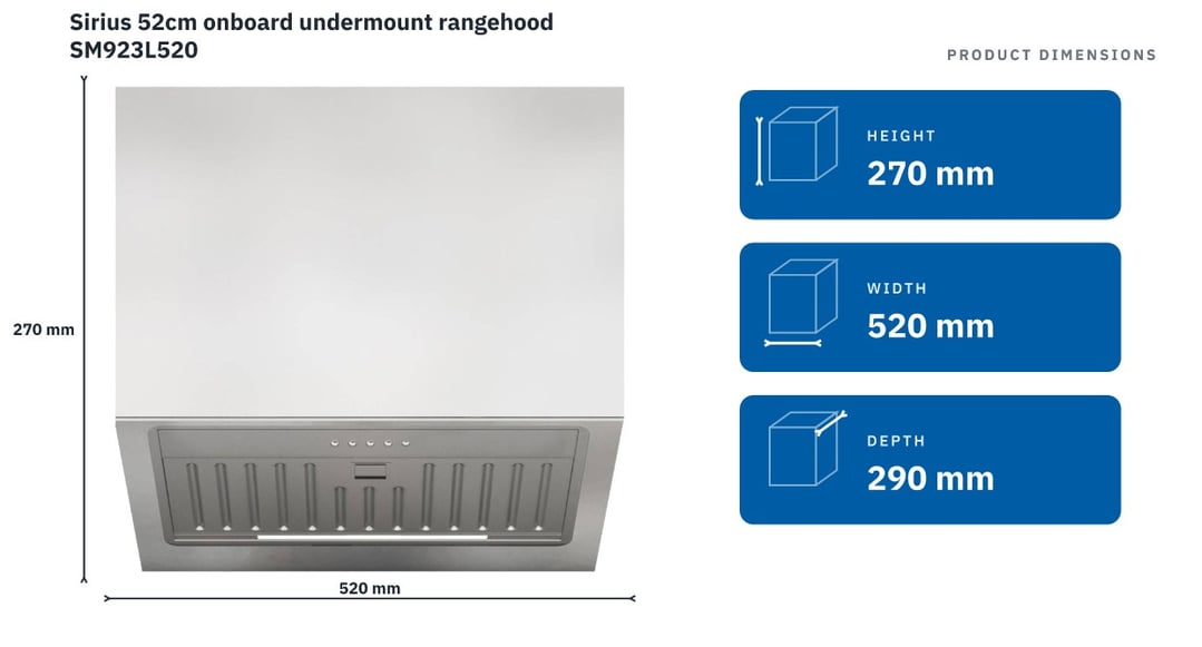 Sirius 52cm onboard undermount rangehood SM923L520 — product dimensions