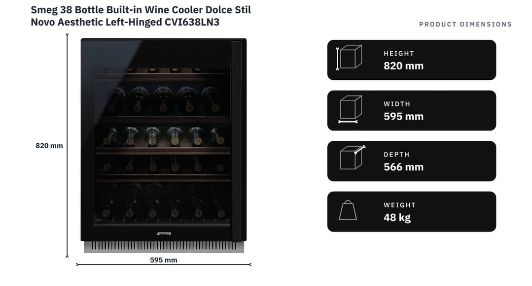 Smeg 38 Bottle Built-in Wine Cooler Dolce Stil Novo Aesthetic Left-Hinged CVI638LN3 — product dimensions