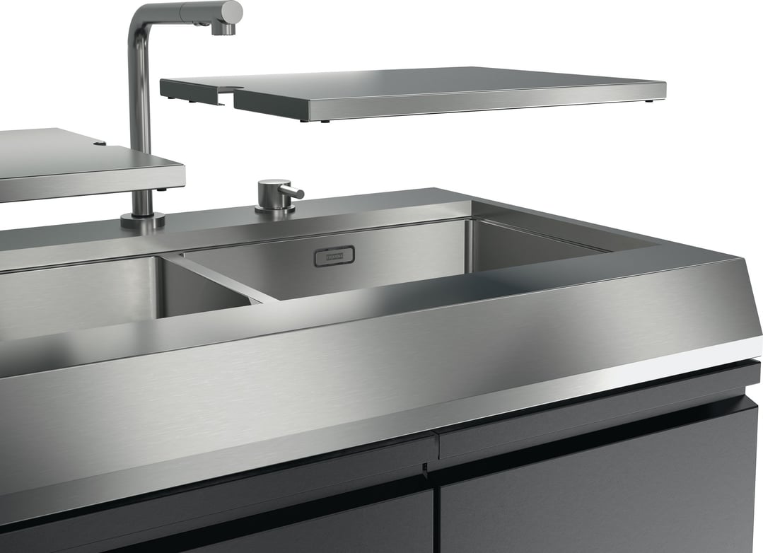 Stainless steel outdoor kitchen sink module with tap and two basins