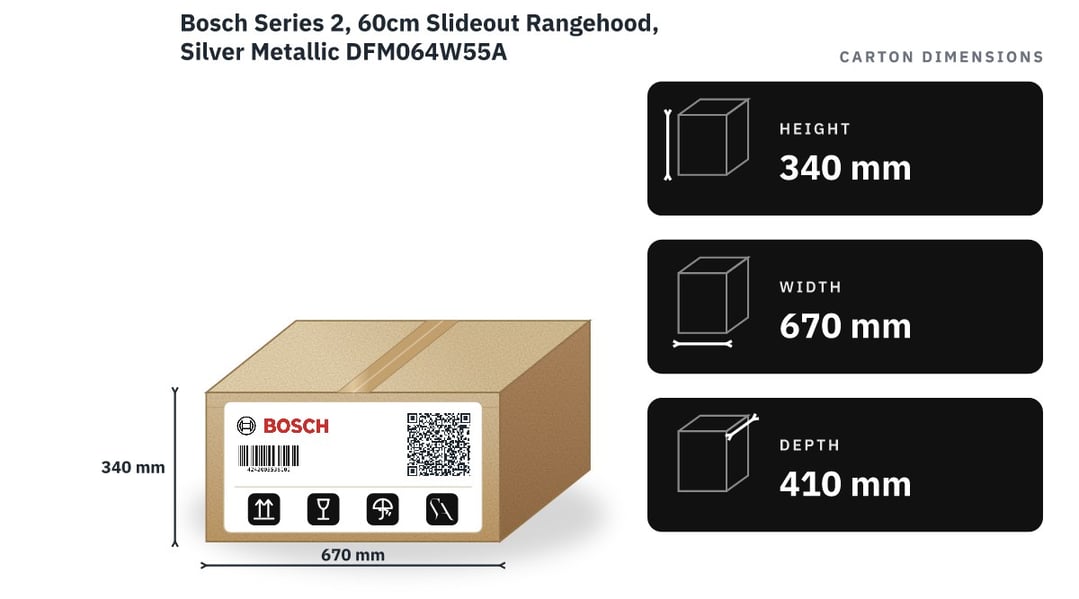 Bosch Series 2, 60cm Slideout Rangehood, Silver Metallic DFM064W55A — packaged dimensions