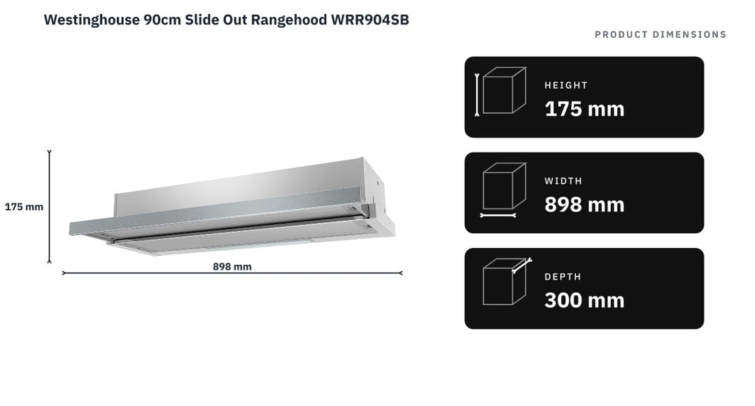 Westinghouse 90cm Slide Out Rangehood WRR904SB — product dimensions