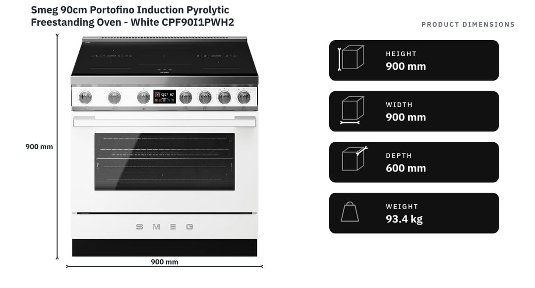 Smeg 90cm Portofino Induction Pyrolytic Freestanding Oven - White CPF90I1PWH2 — product dimensions