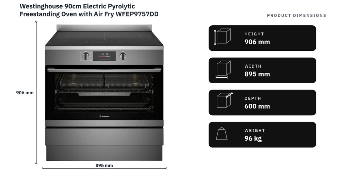 Westinghouse 90cm Electric Pyrolytic Freestanding Oven with Air Fry WFEP9757DD — product dimensions