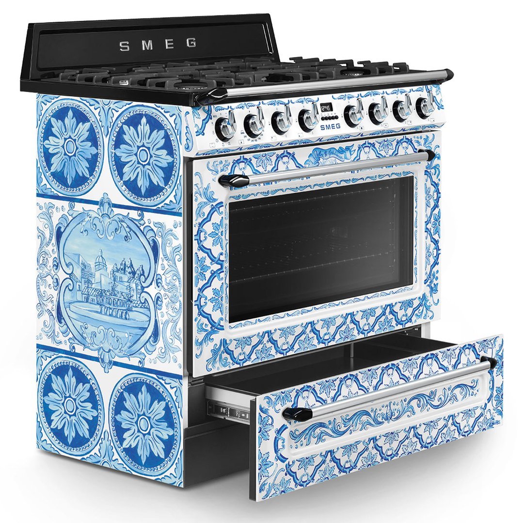 Smeg 90cm Dolce & Gabbana Divina Cucina Freestanding Dual Fuel Oven - Blue TRA90DGM9