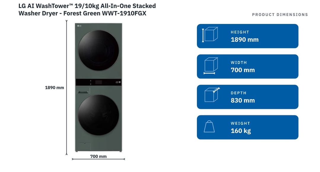 LG AI WashTower™ 19/10kg All-In-One Stacked Washer Dryer - Forest Green WWT-1910FGX