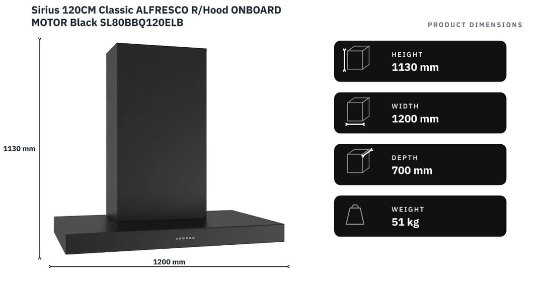Sirius 120CM Classic ALFRESCO R/Hood ONBOARD MOTOR Black SL80BBQ120ELB — product dimensions