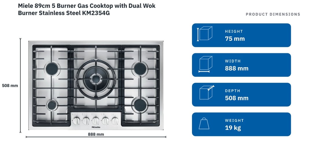 Miele 89cm 5 Burner Gas Cooktop with Dual Wok Burner Stainless Steel KM2354G