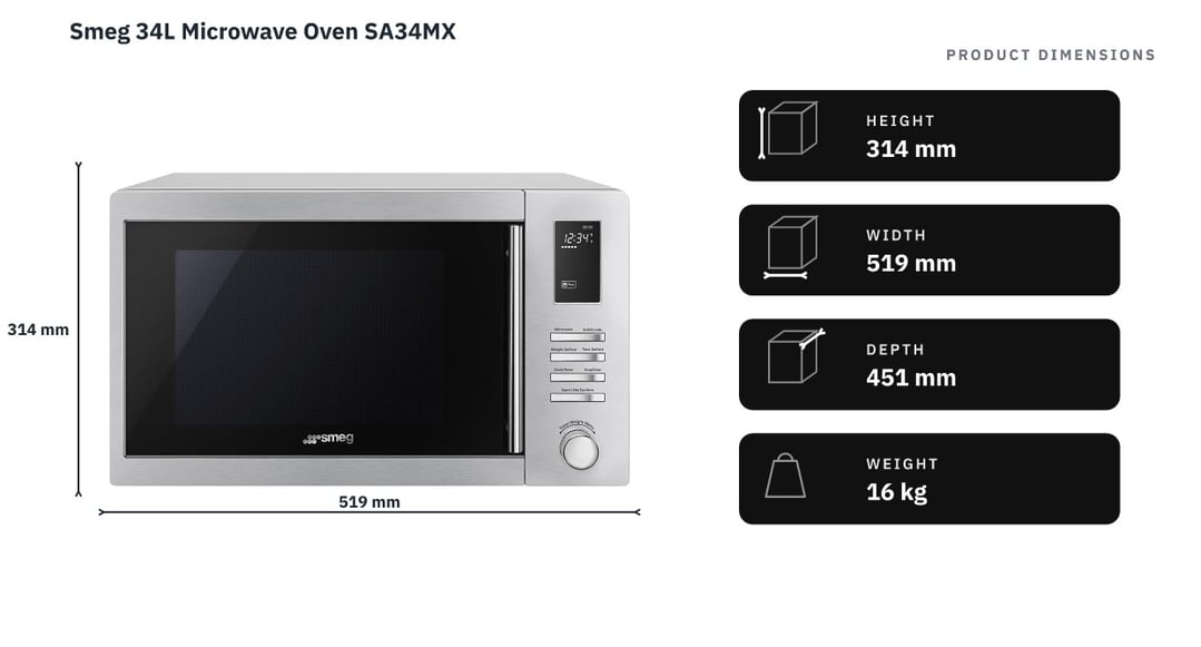 Smeg 34L Microwave Oven SA34MX — product dimensions