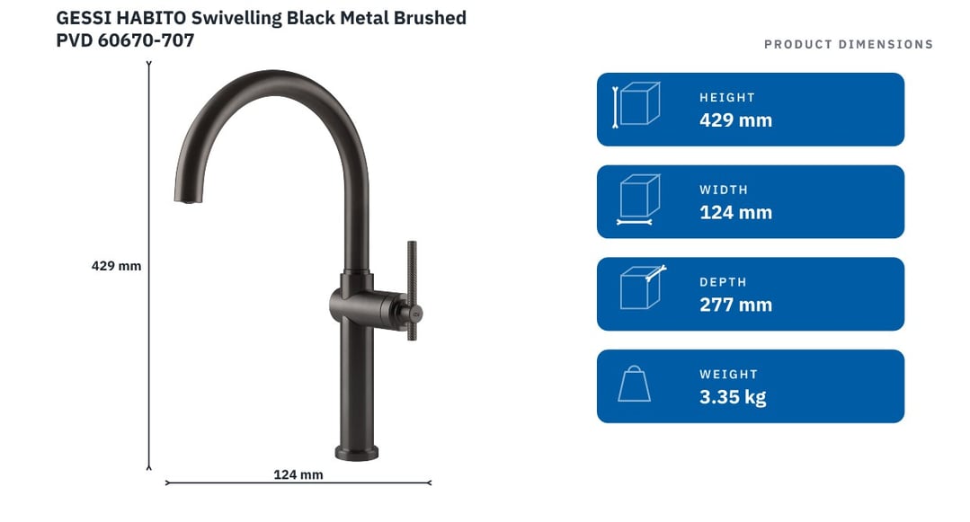 GESSI HABITO Swivelling Black Metal Brushed PVD 60670-707 — product dimensions