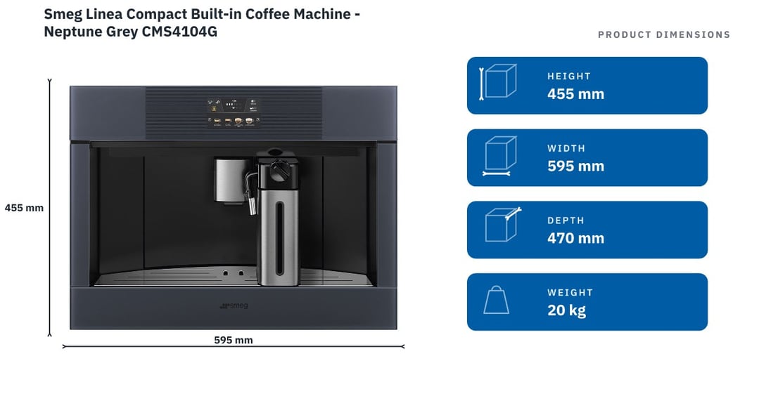 Smeg Linea Compact Built-in Coffee Machine - Neptune Grey CMS4104G — product dimensions