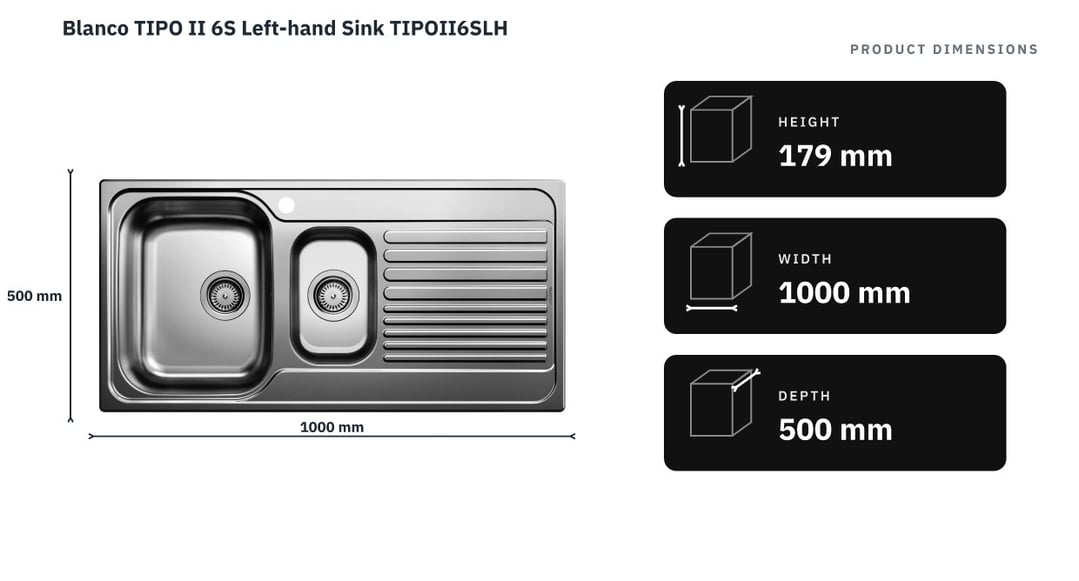 Blanco TIPO II 6S Left-hand Sink TIPOII6SLH — product dimensions