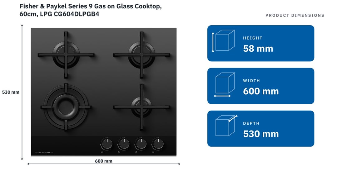 Fisher & Paykel Series 9 Gas on Glass Cooktop, 60cm, LPG CG604DLPGB4 — product dimensions