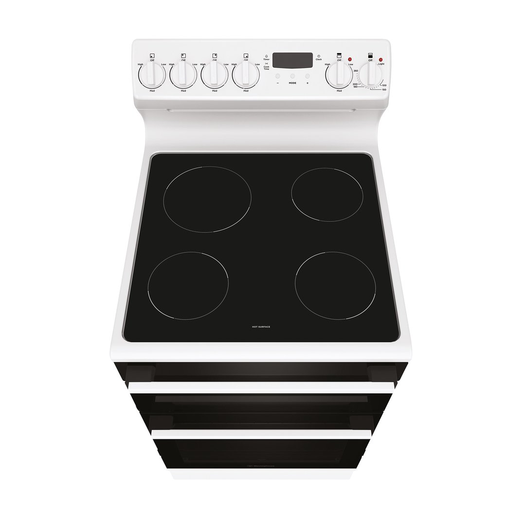 Westinghouse 54cm freestanding electric oven and ceramic cooktop, white WLE543WCB
