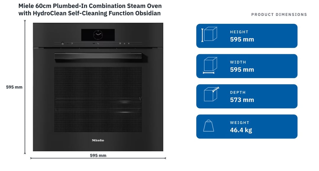 Miele 60cm Plumbed-In Combination Steam Oven with HydroClean Self-Cleaning Function Obsidian Black DGC7865HCPROOBSW — product dimensions