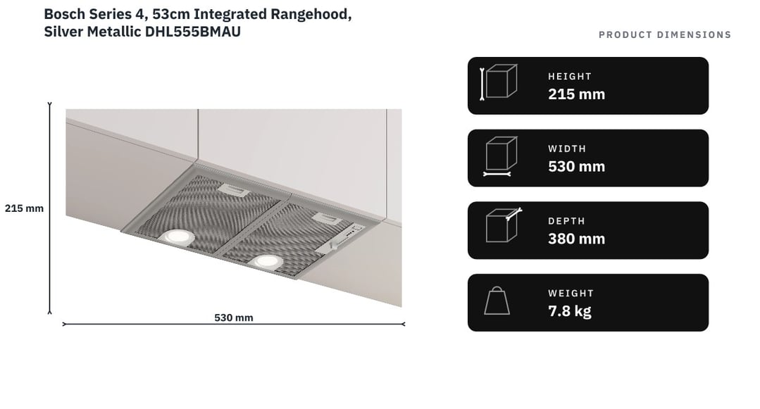 Bosch Series 4, 53cm Integrated Rangehood, Silver Metallic DHL555BMAU — product dimensions