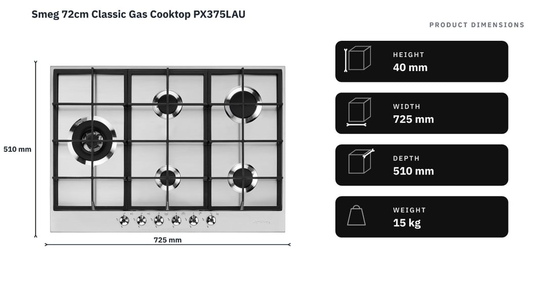 Smeg 72cm Classic Gas Cooktop PX375LAU — product dimensions