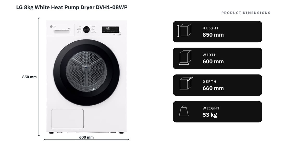 LG 8kg White Heat Pump Dryer DVH1-08WP — product dimensions