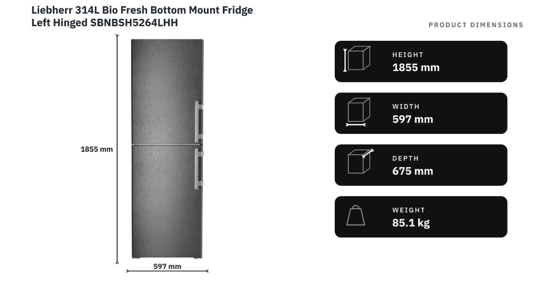 Liebherr 314L Bio Fresh Bottom Mount Fridge Left Hinged SBNBSH5264LHH — product dimensions