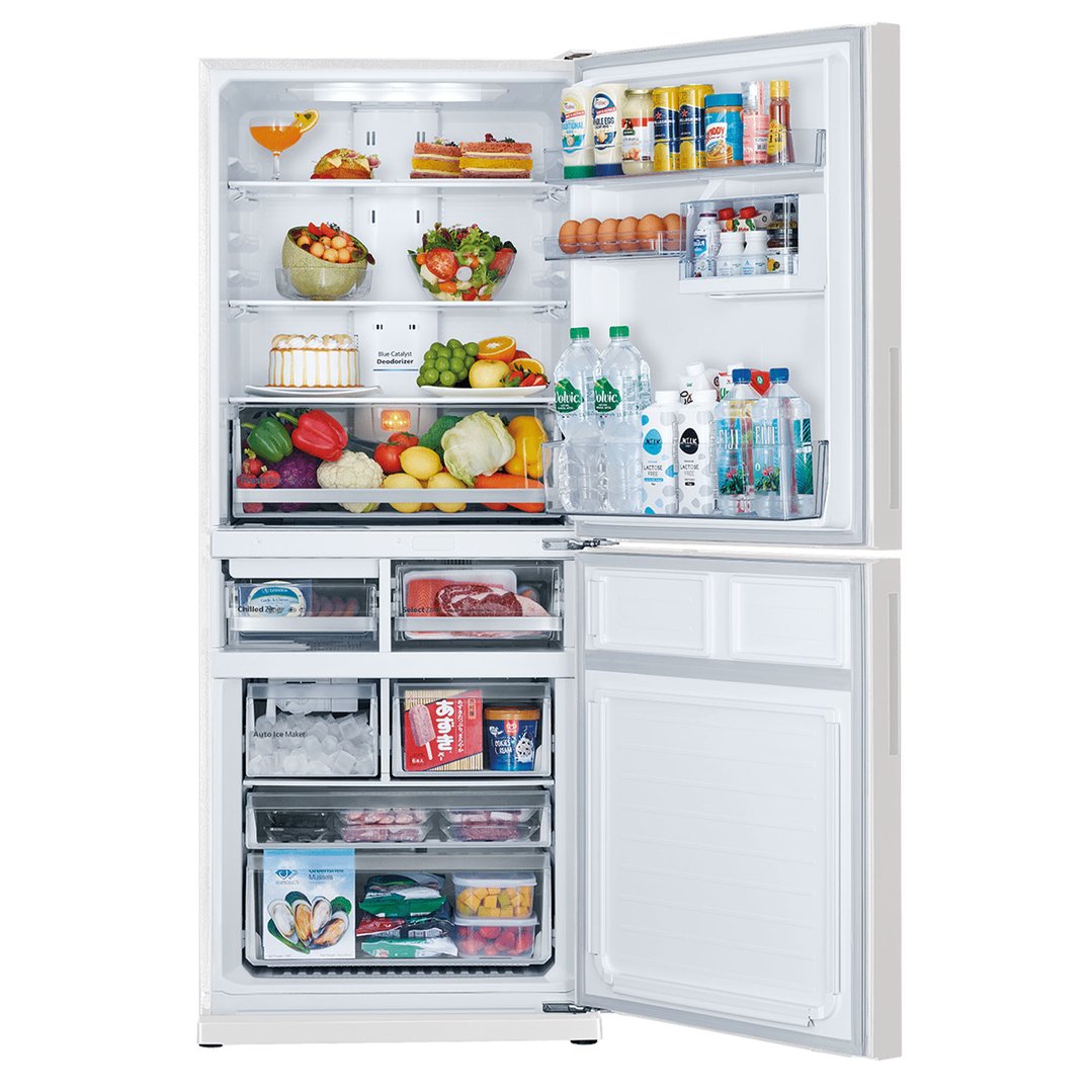 Open Mitsubishi Electric bottom mount fridge filled with various food items