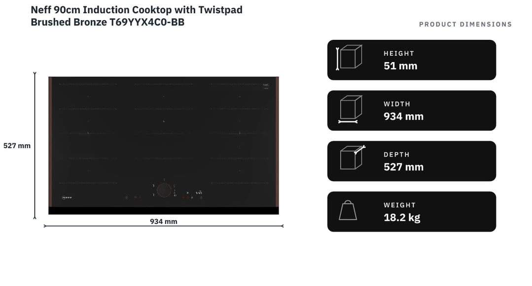 Neff 90cm Induction Cooktop with Twistpad Brushed Bronze T69YYX4C0-BB — product dimensions