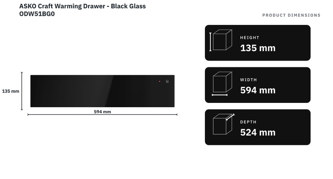 ASKO Craft Warming Drawer - Black Glass ODW51BG0 — product dimensions