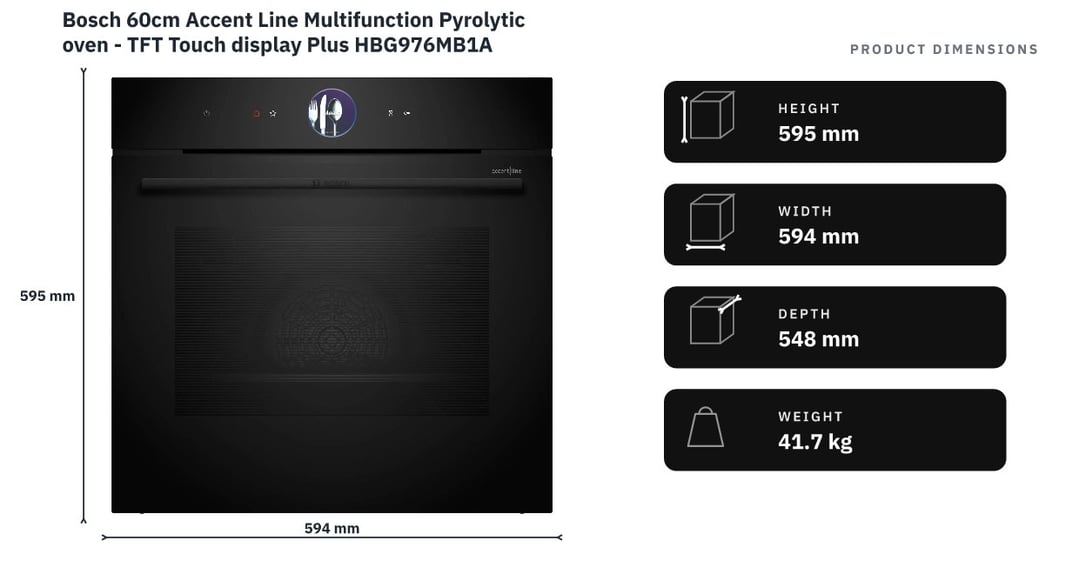 Bosch 60cm Accent Line Multifunction Pyrolytic oven - TFT Touch display Plus HBG976MB1A — product dimensions