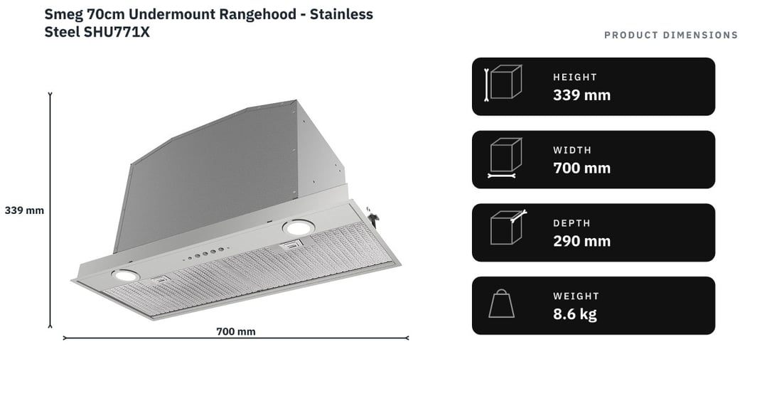Smeg 70cm Undermount Rangehood - Stainless Steel SHU771X — product dimensions