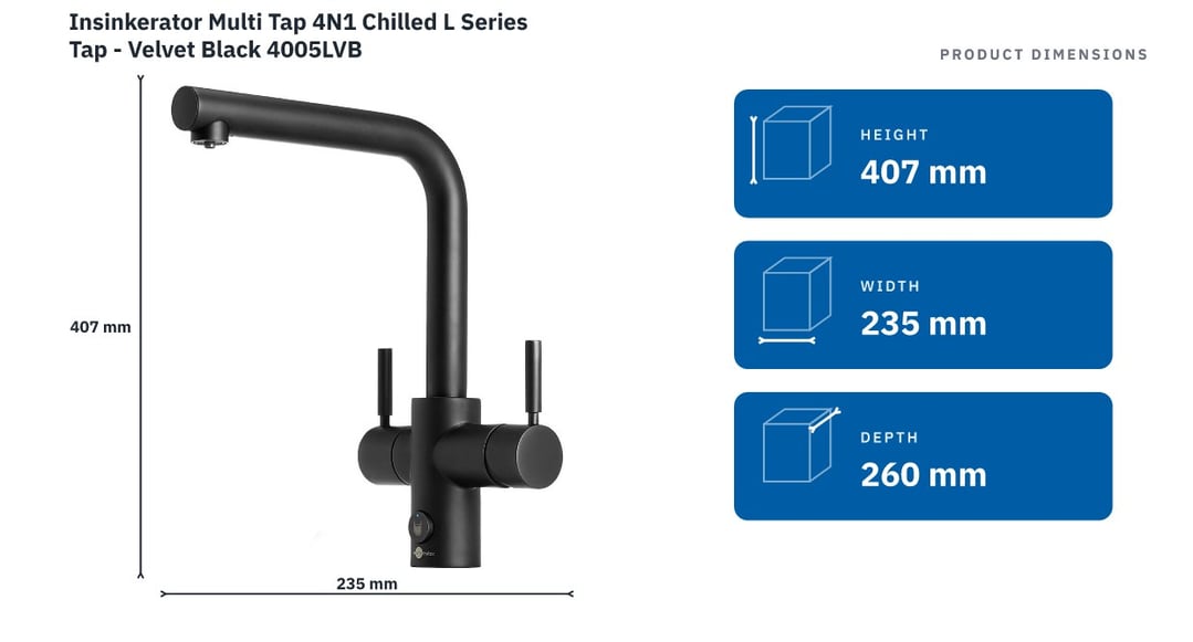 Insinkerator Multi Tap 4N1 Chilled L Series Tap - Velvet Black 4005LVB — product dimensions