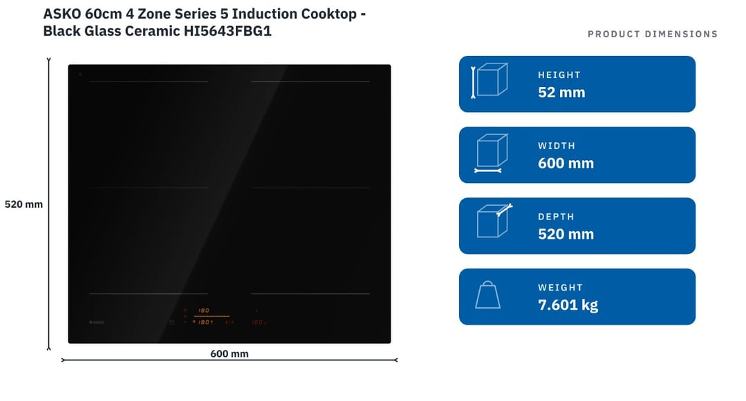 ASKO 60cm 4 Zone Series 5 Induction Cooktop - Black Glass Ceramic HI5643FBG1 — product dimensions