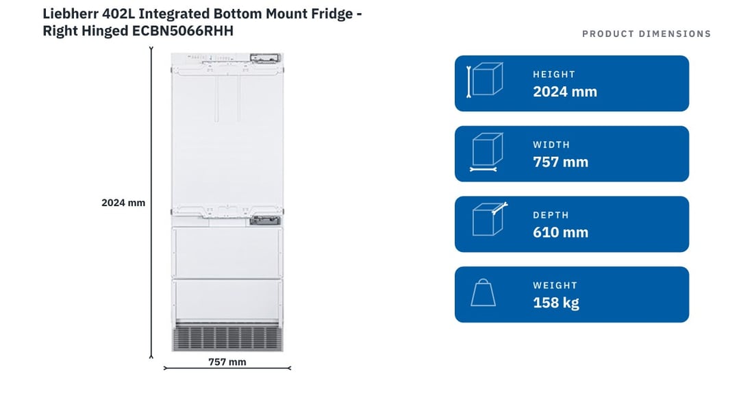 Liebherr 402L Integrated Bottom Mount Fridge - Right Hinged ECBN5066RHH