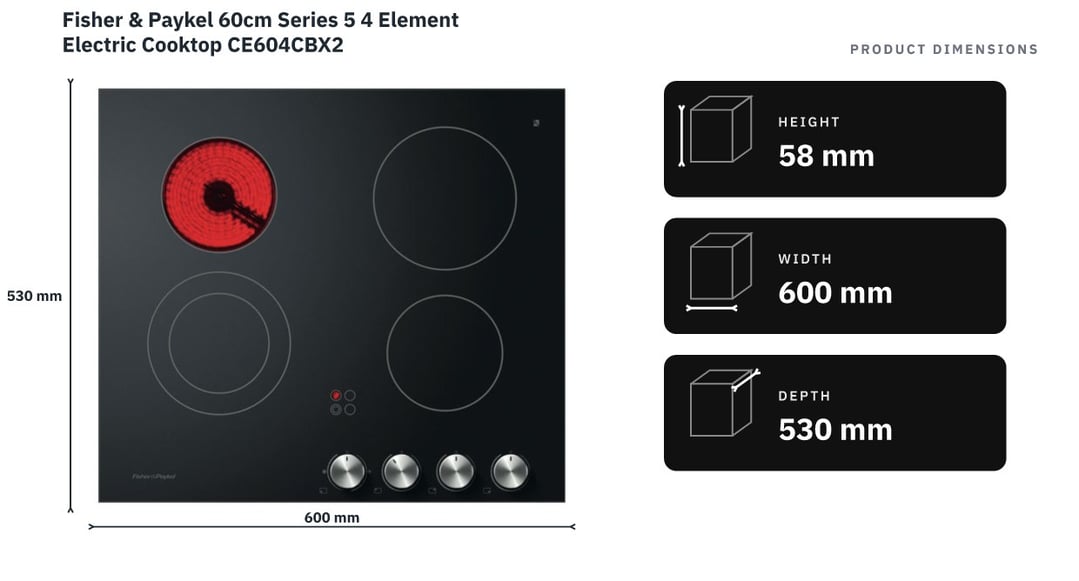 Fisher & Paykel 60cm Series 5 4 Element Electric Cooktop CE604CBX2 — product dimensions
