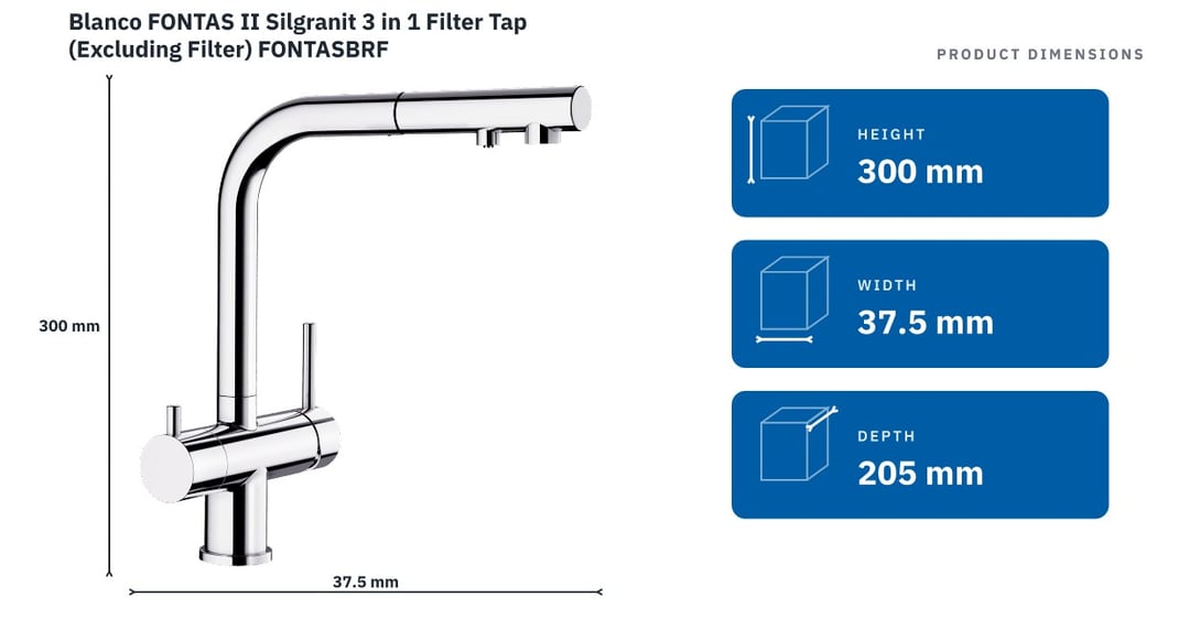 Blanco FONTAS II Silgranit 3 in 1 Filter Tap (Excluding Filter) FONTASBRF — product dimensions