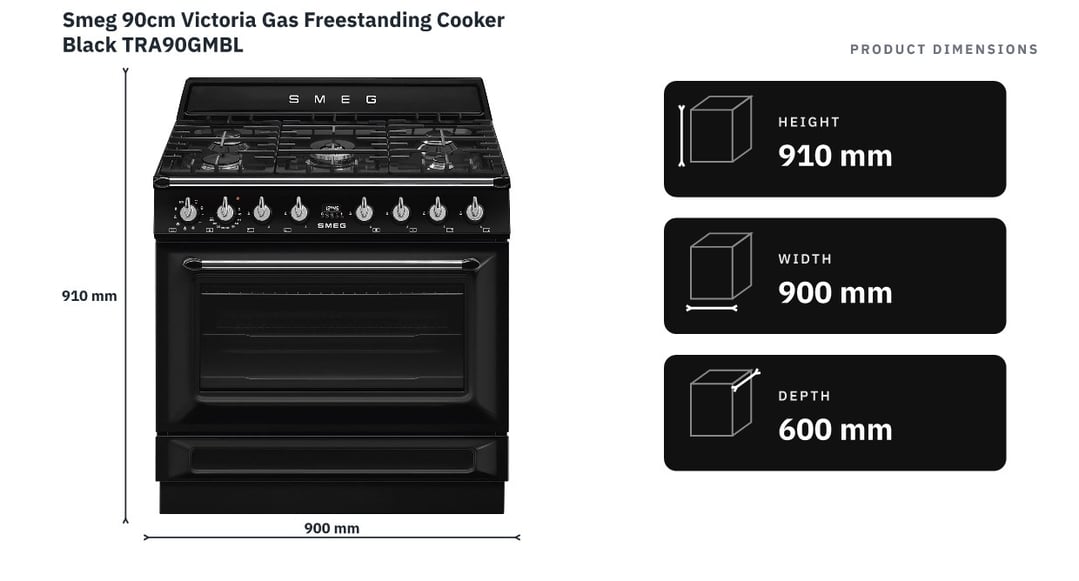Smeg 90cm Victoria Gas Freestanding Cooker Black TRA90GMBL — product dimensions