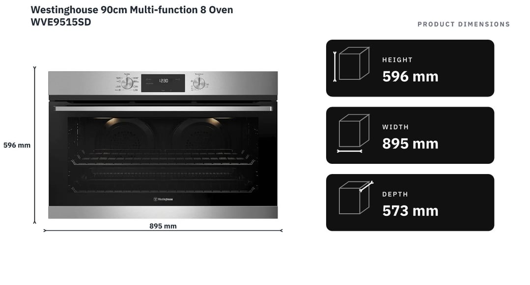 Westinghouse 90cm Multi-function 8 Oven WVE9515SD — product dimensions