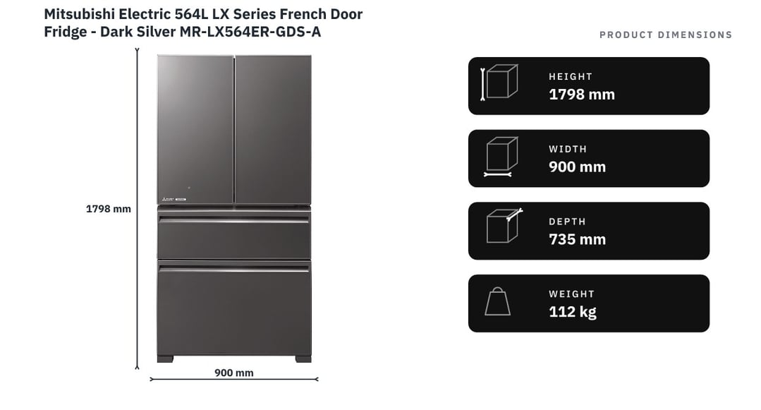 Mitsubishi Electric 564L LX Series French Door Fridge - Dark Silver MR-LX564ER-GDS-A — product dimensions