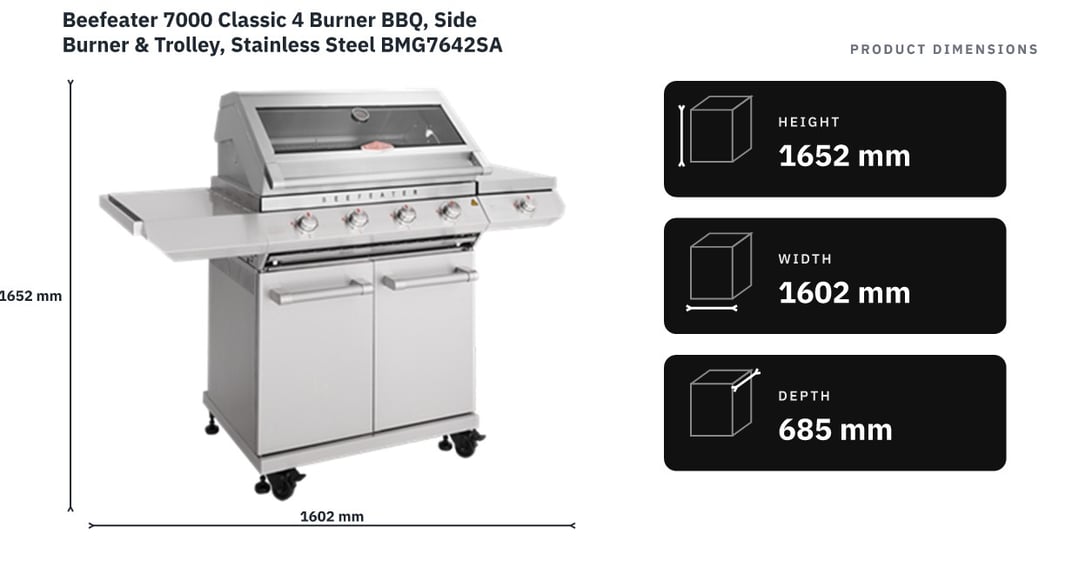 Beefeater 7000 Classic 4 Burner BBQ, Side Burner & Trolley, Stainless Steel BMG7642SA — product dimensions