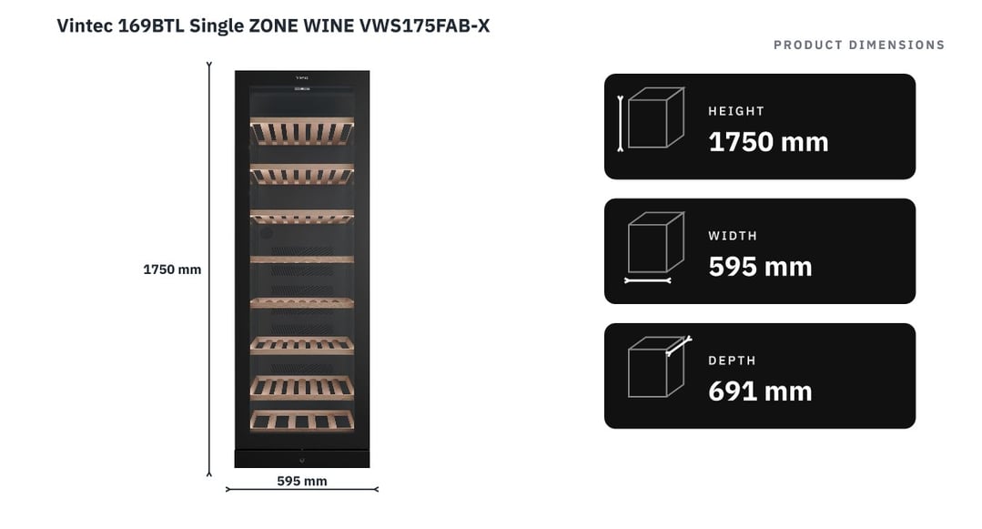 Vintec 169BTL Single ZONE WINE VWS175FAB-X — product dimensions
