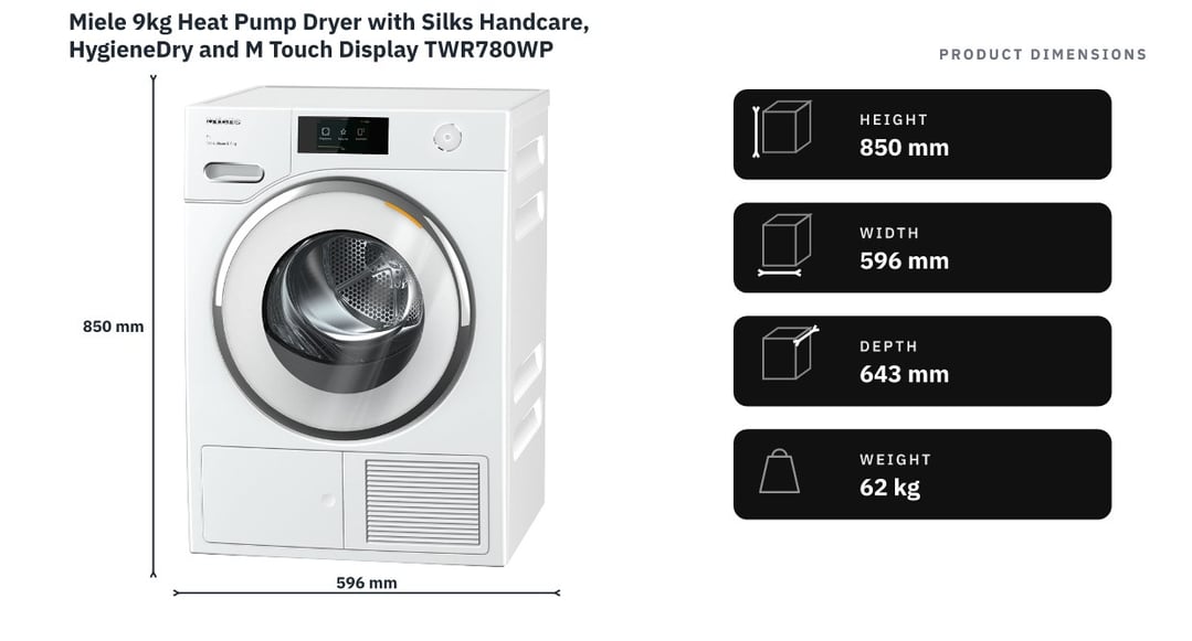Miele 9kg Heat Pump Dryer with Silks Handcare, HygieneDry and M Touch Display TWR780WP — product dimensions