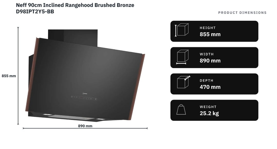 Neff 90cm Inclined Rangehood Brushed Bronze D98IPT2Y5-BB — product dimensions