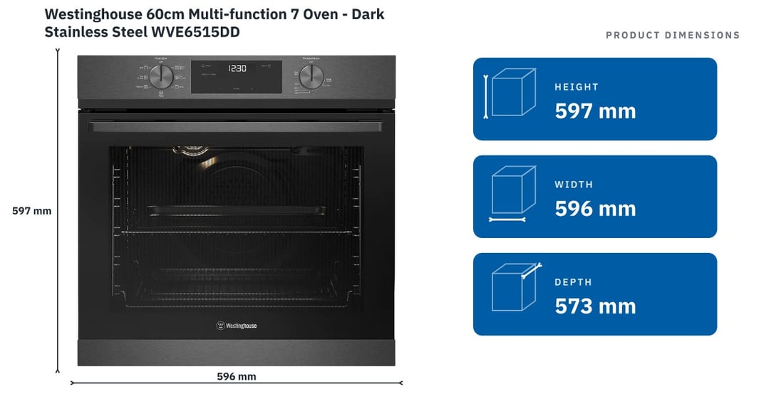 Westinghouse 60cm Multi-function 7 Oven - Dark Stainless Steel WVE6515DD — product dimensions