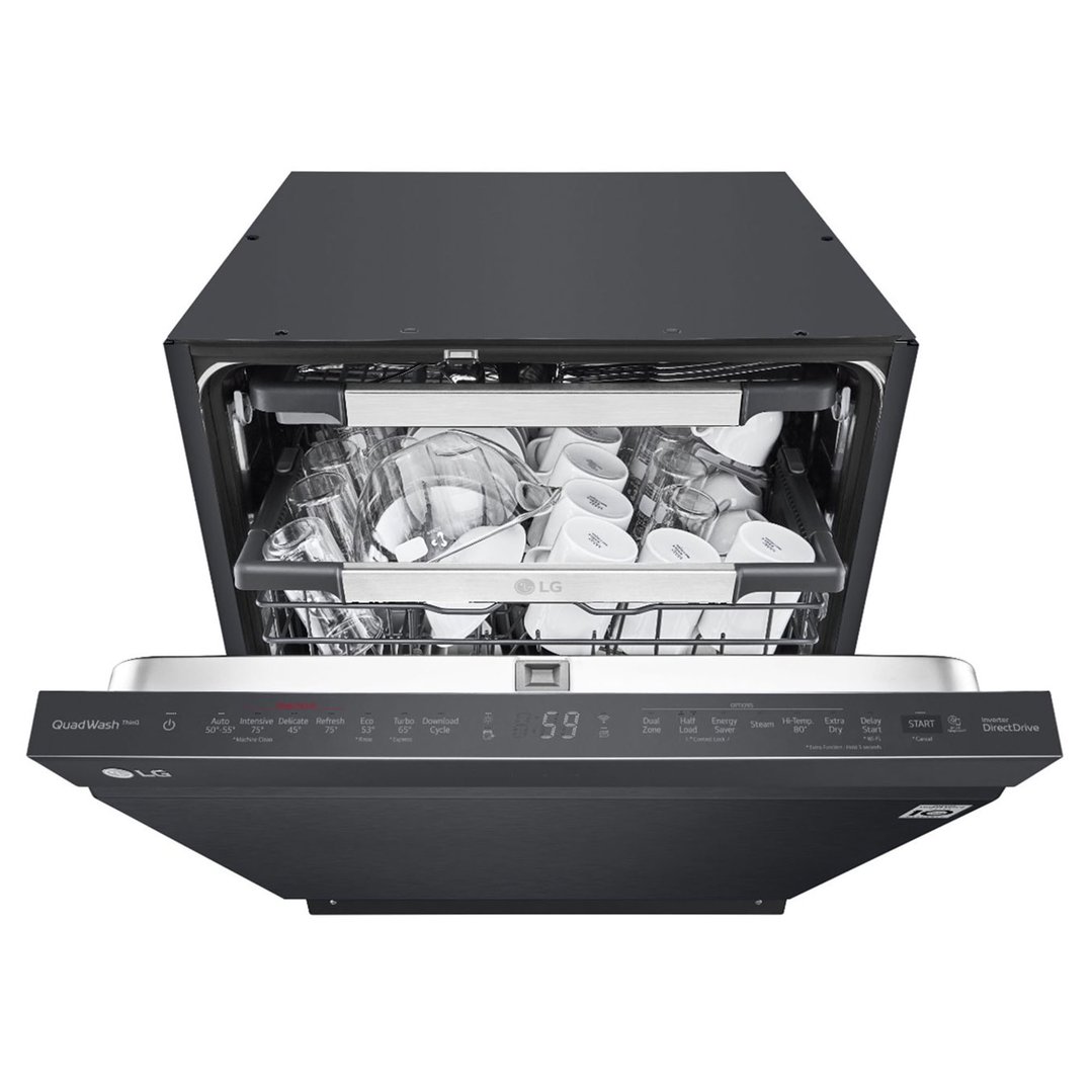 Matte black dishwasher with door partially open, showing dishes inside