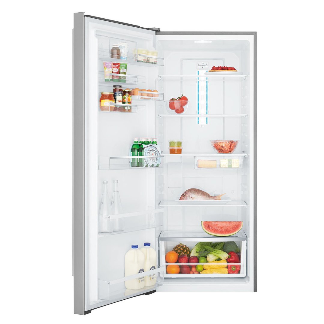 Open stainless steel single door fridge filled with food and drinks