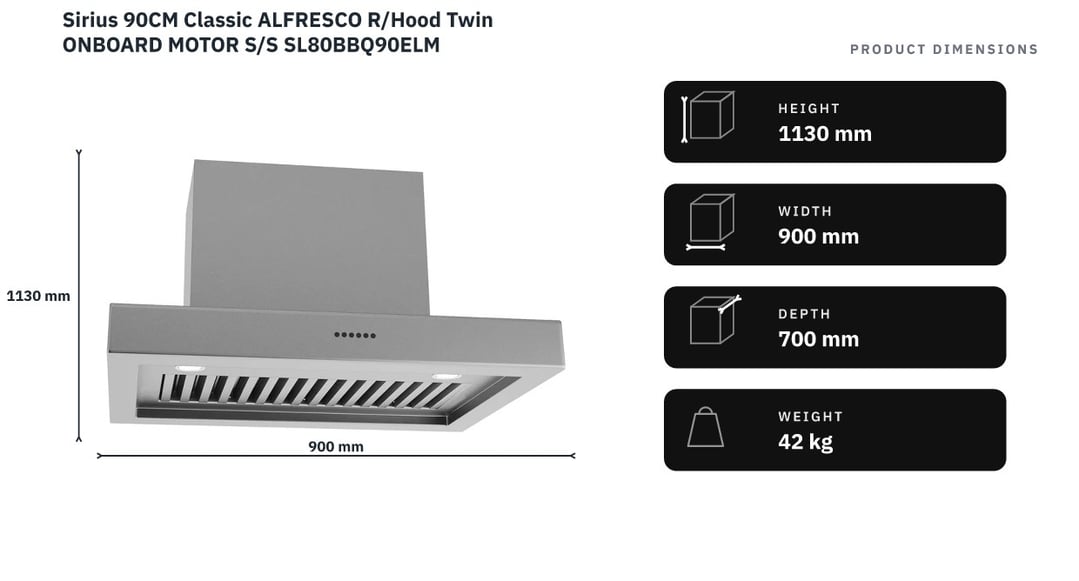 Sirius 90CM Classic ALFRESCO R/Hood Twin ONBOARD MOTOR S/S SL80BBQ90ELM — product dimensions