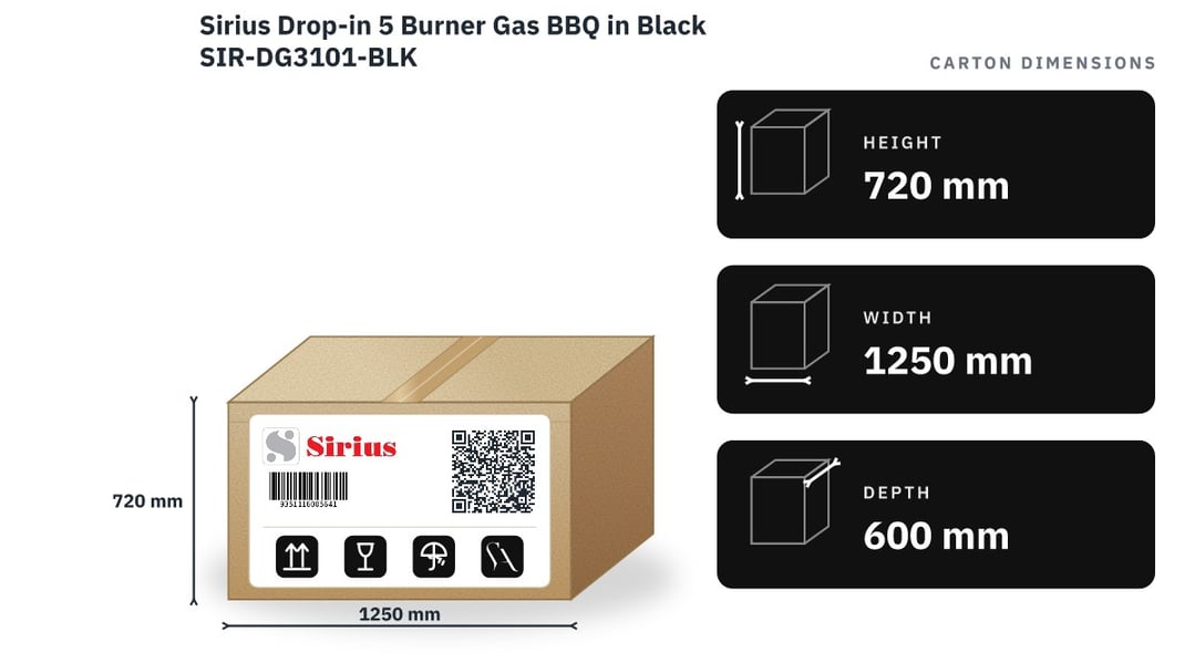 Sirius Drop-in 5 Burner Gas BBQ in Black SIR-DG3101-BLK — packaged dimensions