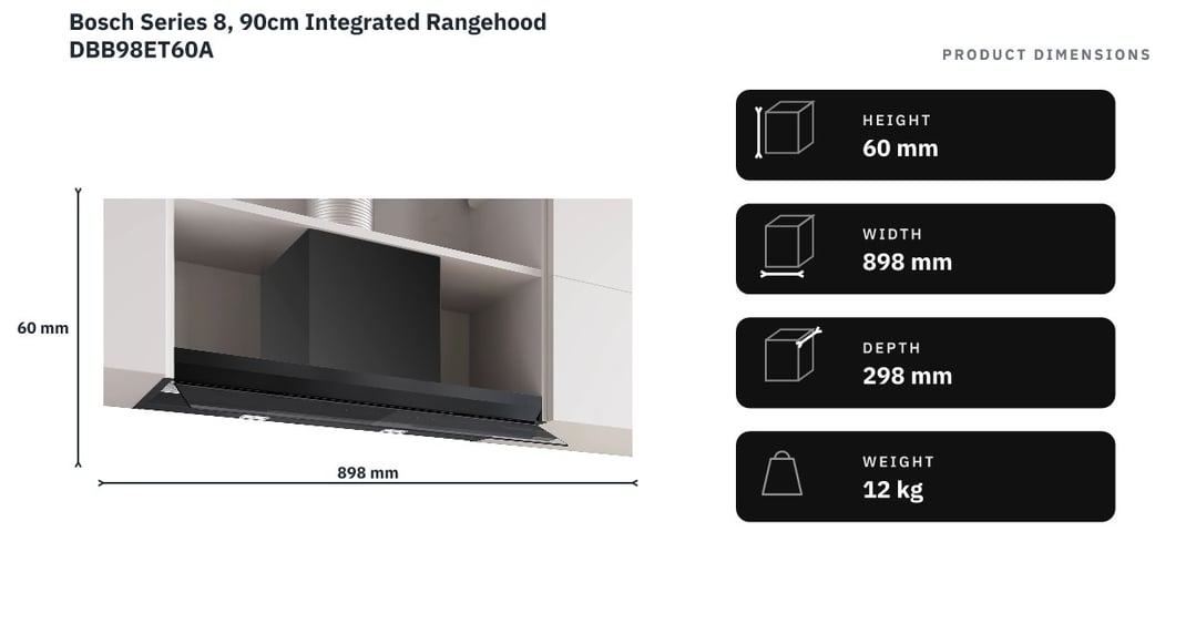 Bosch Series 8, 90cm Integrated Rangehood DBB98ET60A — product dimensions